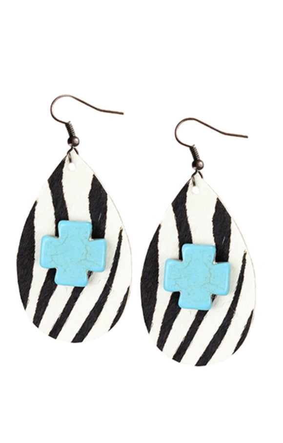 Zebra/Turquoise Cross Dangle Earrings